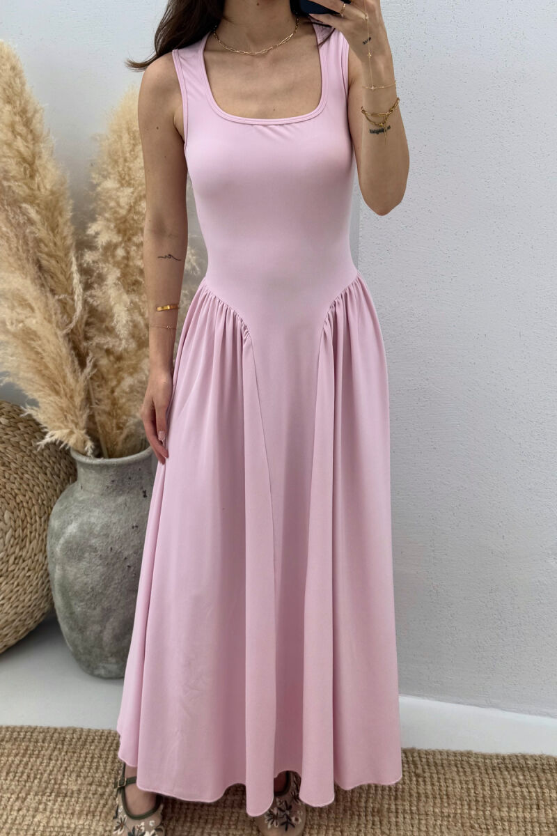 SQUARE NECK LONG ELASTIC WOMEN DRESS PINK/ROZE - 3