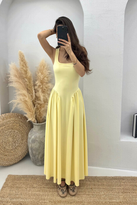 SQUARE NECK LONG ELASTIC WOMEN DRESS YELLOW/E VERDHE 
