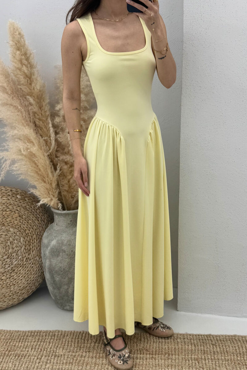 SQUARE NECK LONG ELASTIC WOMEN DRESS YELLOW/E VERDHE - 2
