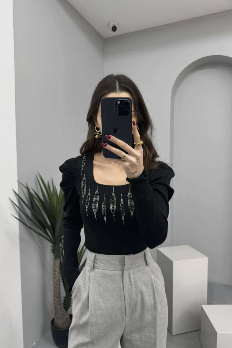 SQUARE NECK PEARLS DETAILS WOMEN SWEATER BLACK/ E ZEZE - 1