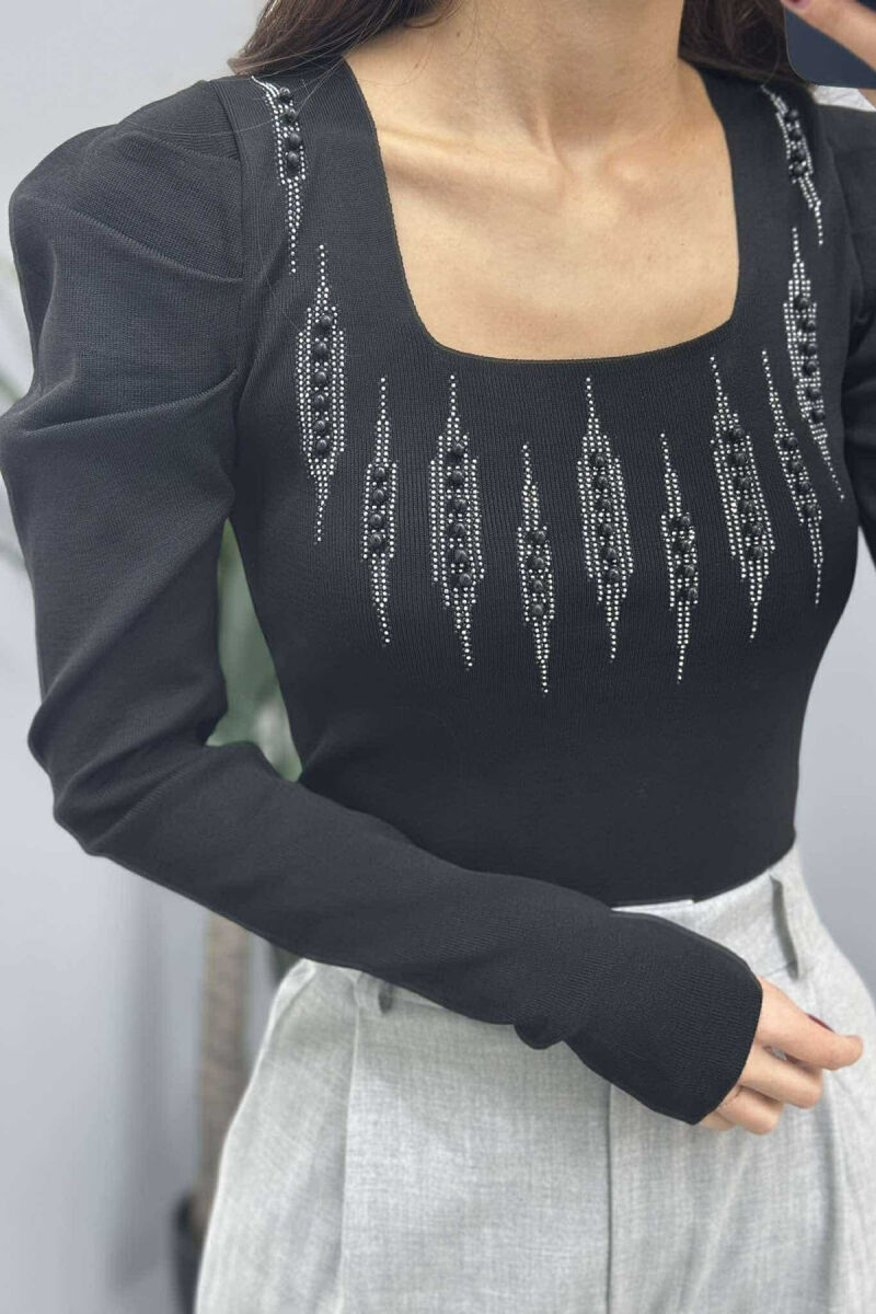 SQUARE NECK PEARLS DETAILS WOMEN SWEATER BLACK/ E ZEZE - 3