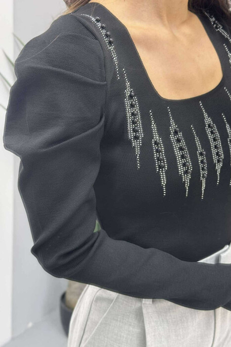 SQUARE NECK PEARLS DETAILS WOMEN SWEATER BLACK/ E ZEZE - 4