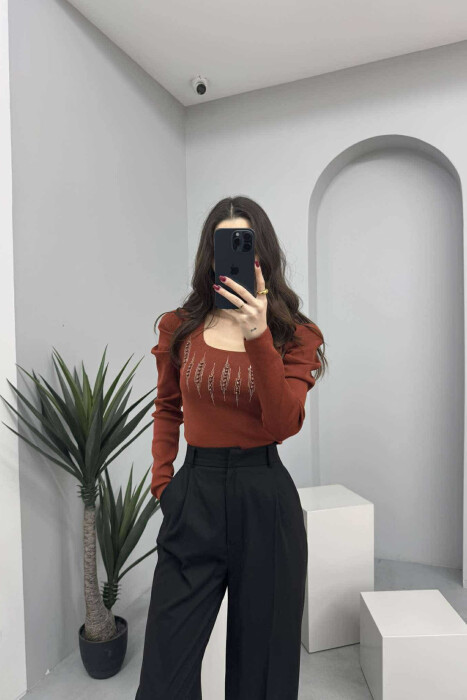 SQUARE NECK PEARLS DETAILS WOMEN SWEATER BROWN/KAFE - 1