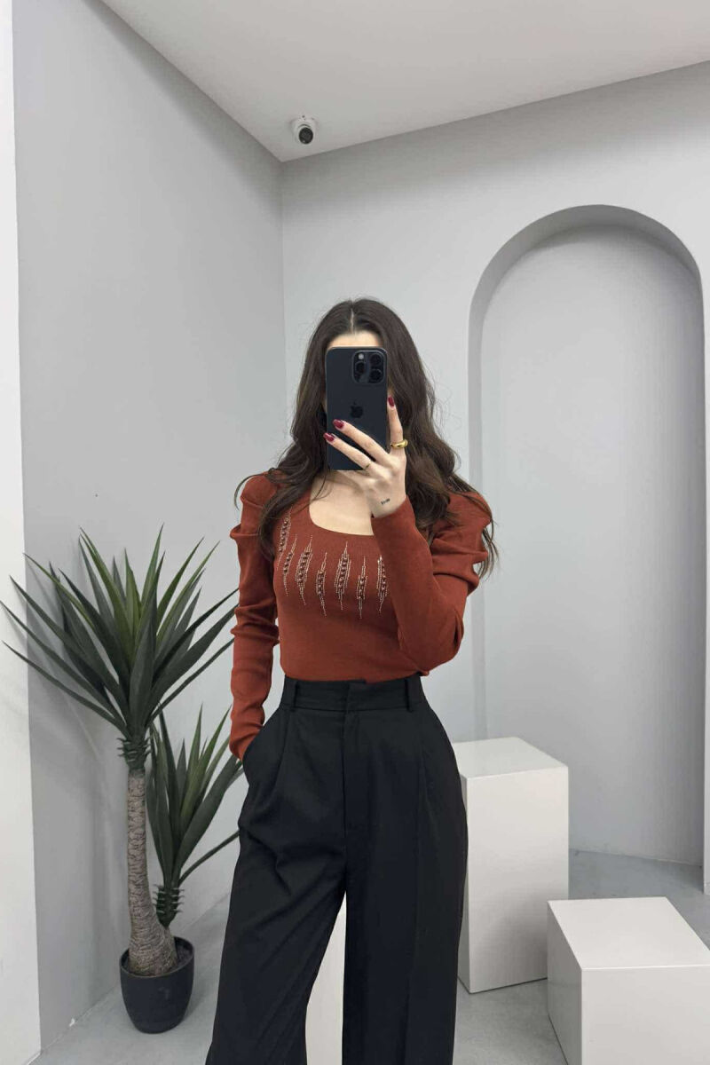 SQUARE NECK PEARLS DETAILS WOMEN SWEATER BROWN/KAFE - 1