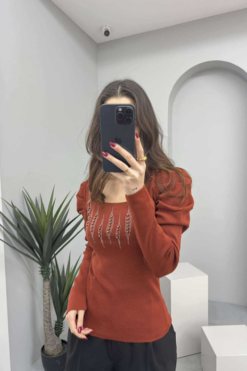 SQUARE NECK PEARLS DETAILS WOMEN SWEATER BROWN/KAFE - 2