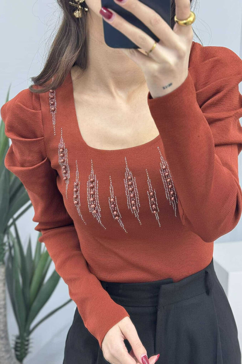 SQUARE NECK PEARLS DETAILS WOMEN SWEATER BROWN/KAFE - 4