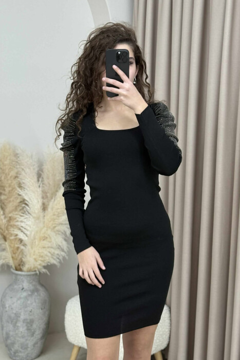 SQUARE NECK SHINY STONES WOMEN DRESS BLACK/ E ZEZE - 3