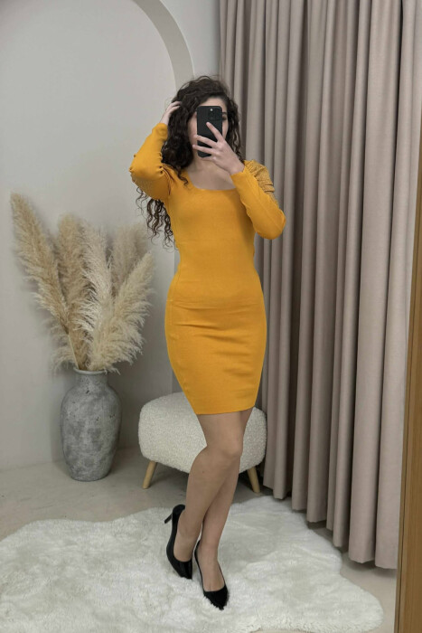 SQUARE NECK SHINY STONES WOMEN DRESS MUSTARD/MUSTARDE - KLAUDIO FASHION