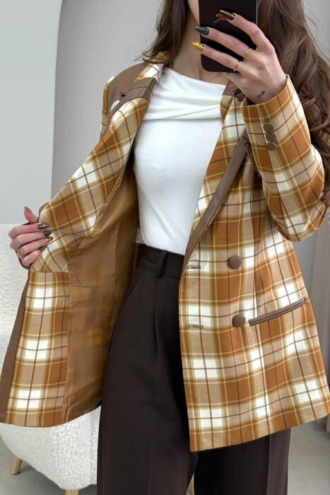 SQUARED DESIGN BUTTONED WOMEN JACKET BROWN/KAFE - 4