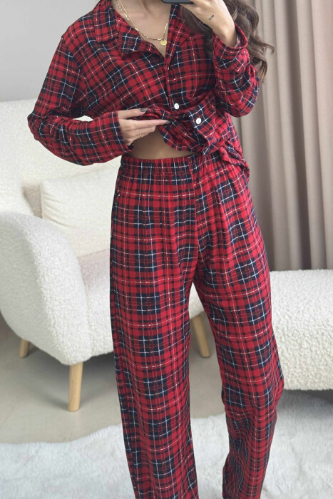 SQUARED DESIGN SHIRT+ TROUSERS WOMEN PYJAMAS RED/E KUQE - 3