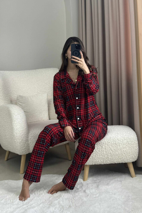 SQUARED DESIGN SHIRT+ TROUSERS WOMEN PYJAMAS RED/E KUQE - 4
