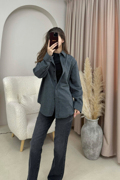 SQUARED DESIGN SIMPLE WOMEN SHIRT DARK BLUE/BEE - KLAUDIO FASHION