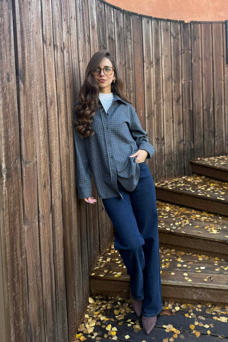 SQUARED DESIGN SIMPLE WOMEN SHIRT DARK BLUE/BEE - 1