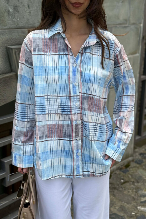 SQUARES DESIGN LONG SLEEVE WOMEN SHIRT MULTIPLE/SHNGJ - 5