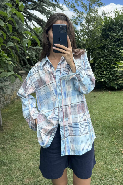 SQUARES DESIGN LONG SLEEVE WOMEN SHIRT MULTIPLE/SHNGJ - 1