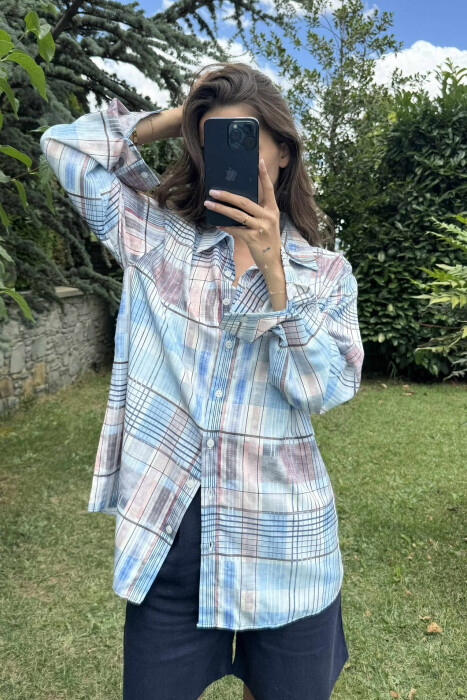SQUARES DESIGN LONG SLEEVE WOMEN SHIRT MULTIPLE/SHNGJ - 2