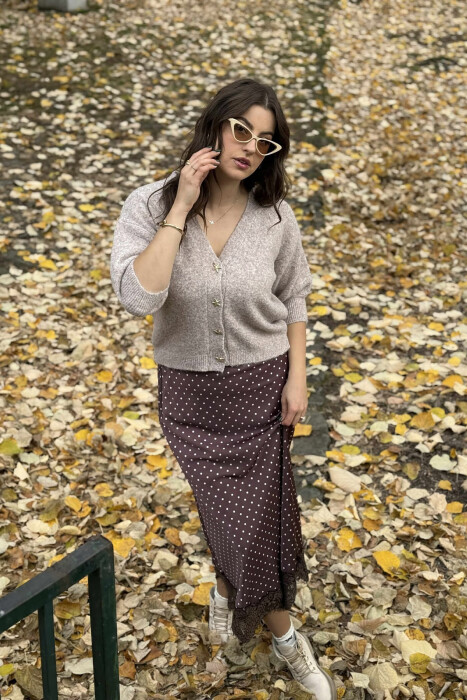 STARFISH BUTTONS SHORT SLEEVES WOMEN CARDIGAN BEIGE/BEZHE - KLAUDIO FASHION