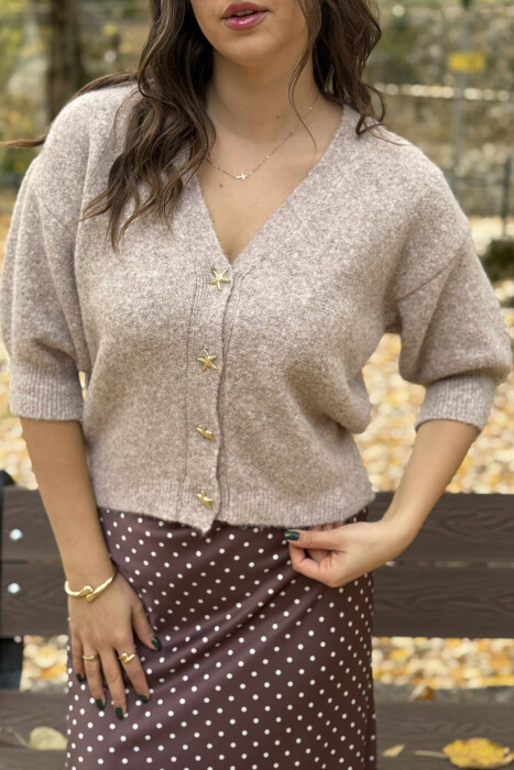 STARFISH BUTTONS SHORT SLEEVES WOMEN CARDIGAN BEIGE/BEZHE - 5
