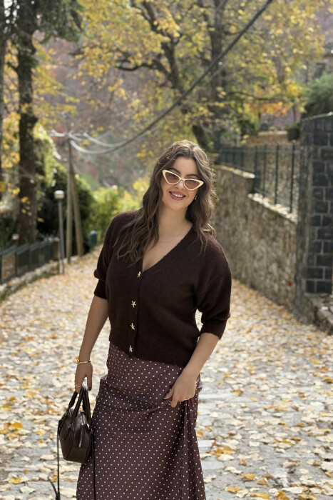 STARFISH BUTTONS SHORT SLEEVES WOMEN CARDIGAN DARK BROWN/KAE - KLAUDIO FASHION