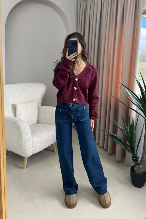 STARFISH BUTTONS SIMPLE WOMEN CARDIGAN BURGUNDY/VISHNJE - 2