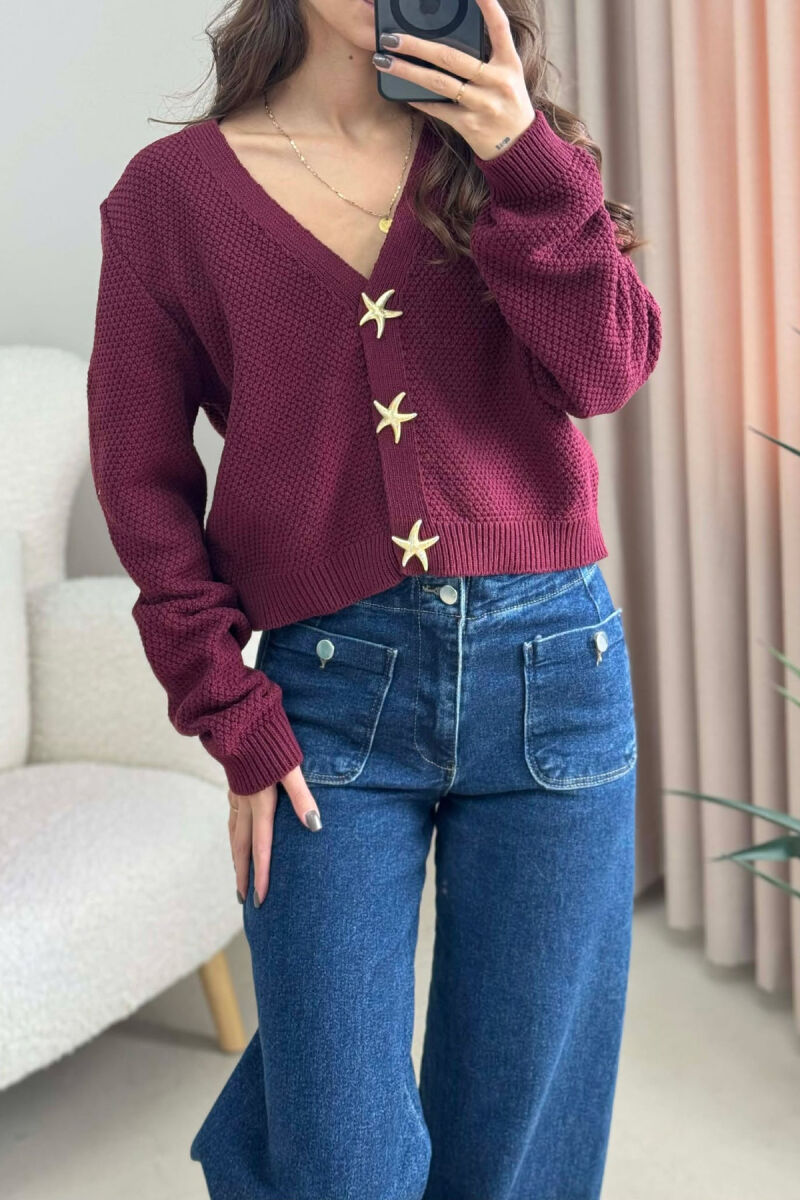 STARFISH BUTTONS SIMPLE WOMEN CARDIGAN BURGUNDY/VISHNJE - 3