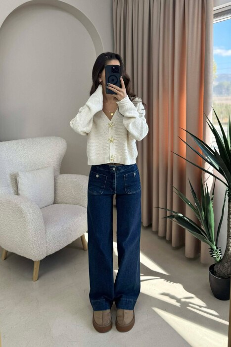 STARFISH BUTTONS SIMPLE WOMEN CARDIGAN CREAM/KREM - 1