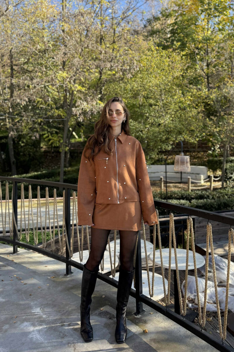 STONES DETAIL JACKET+SKIRT WOMEN SET BROWN/KAFE - 1