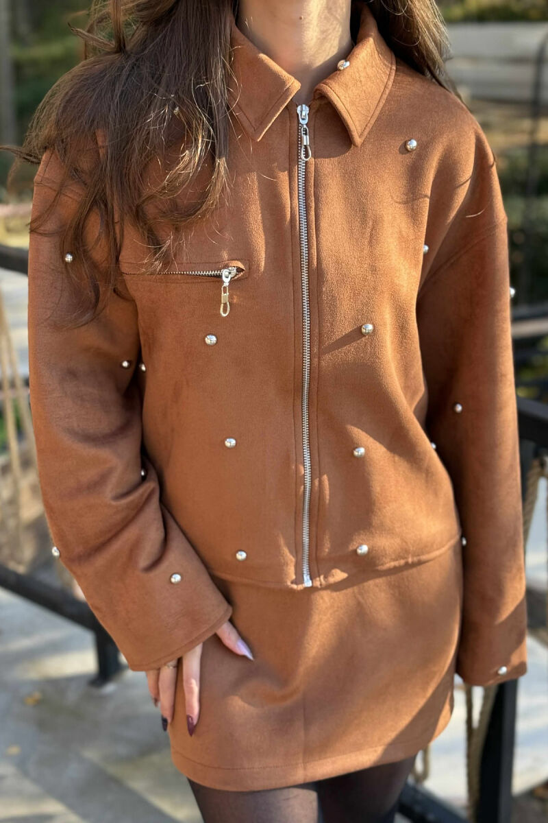 STONES DETAIL JACKET+SKIRT WOMEN SET BROWN/KAFE - 2