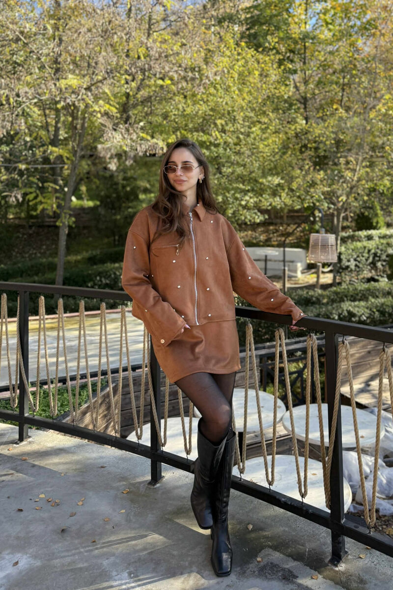 STONES DETAIL JACKET+SKIRT WOMEN SET BROWN/KAFE - 4