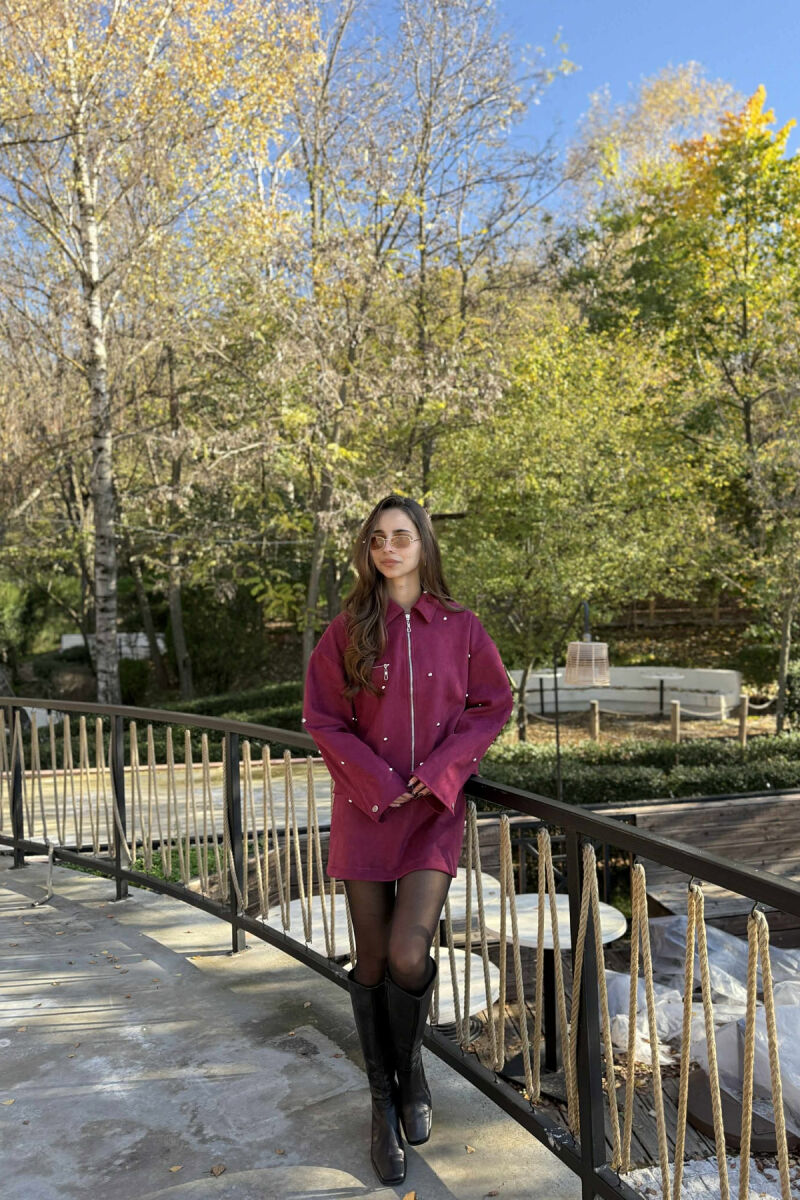 STONES DETAIL JACKET+SKIRT WOMEN SET BURGUNDY/VISHNJE - 1