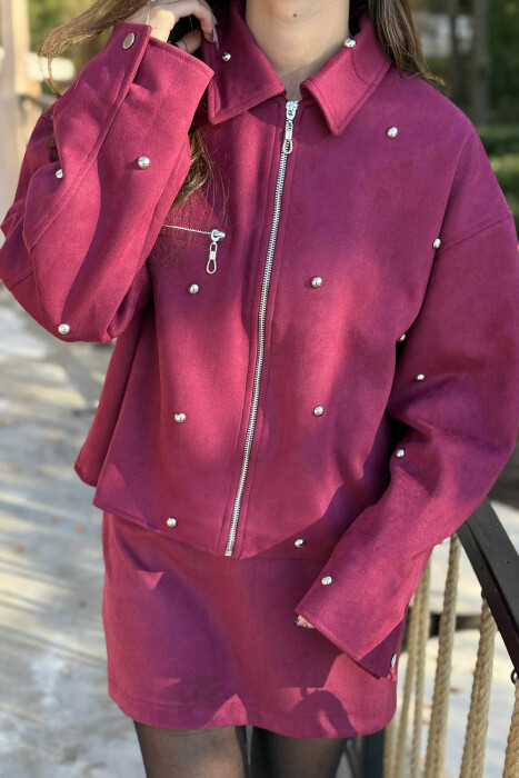 STONES DETAIL JACKET+SKIRT WOMEN SET BURGUNDY/VISHNJE - 2