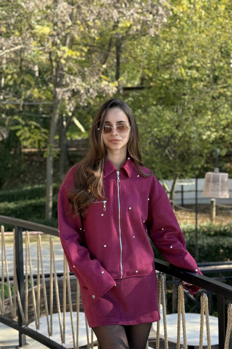 STONES DETAIL JACKET+SKIRT WOMEN SET BURGUNDY/VISHNJE - 3