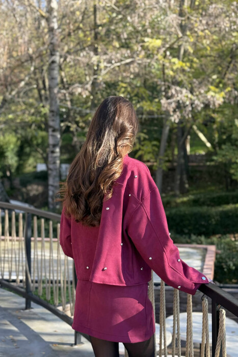 STONES DETAIL JACKET+SKIRT WOMEN SET BURGUNDY/VISHNJE - 4