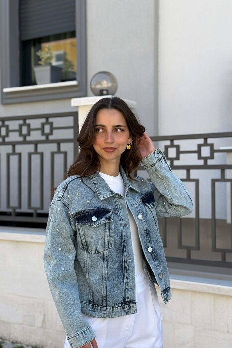 STONES DETAILS DENIM WOMAN JACKET LIGHTBLUE/BZ - KLAUDIO FASHION
