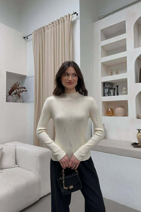 STONES DETAILS SEMI NECK WOMAN SWEATER CREAM/KREM - 1