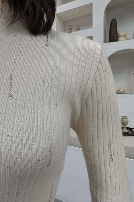 STONES DETAILS SEMI NECK WOMAN SWEATER CREAM/KREM - 3