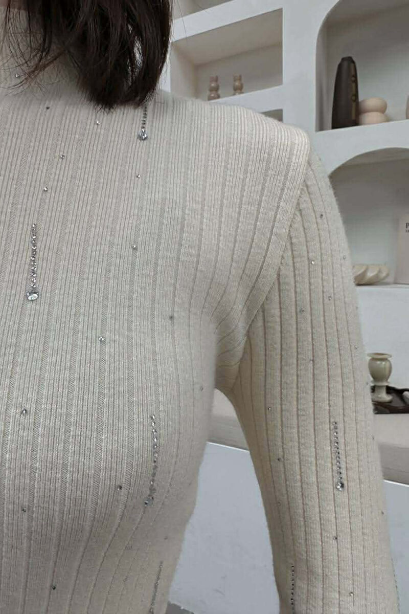 STONES DETAILS SEMI NECK WOMAN SWEATER CREAM/KREM - 3