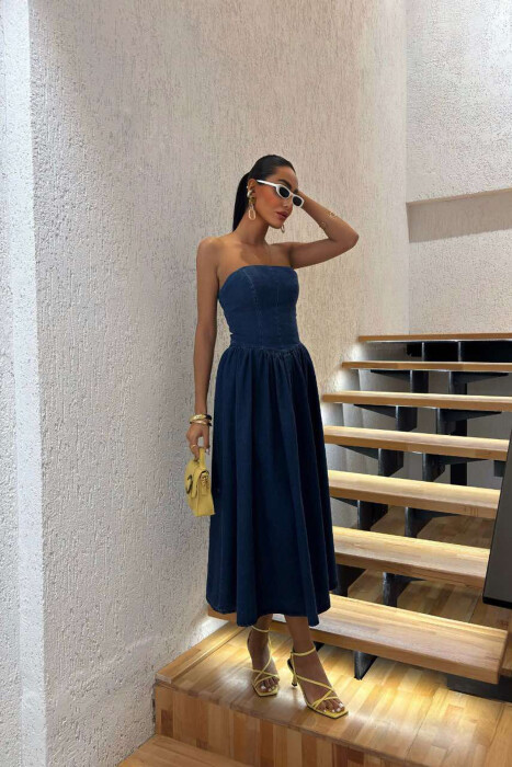 STRAPLESS DESIGN DENIM LONG WOMEN DRESS BLUE/BLU - 1