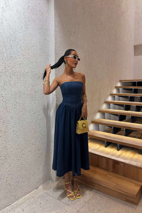 STRAPLESS DESIGN DENIM LONG WOMEN DRESS BLUE/BLU - 2