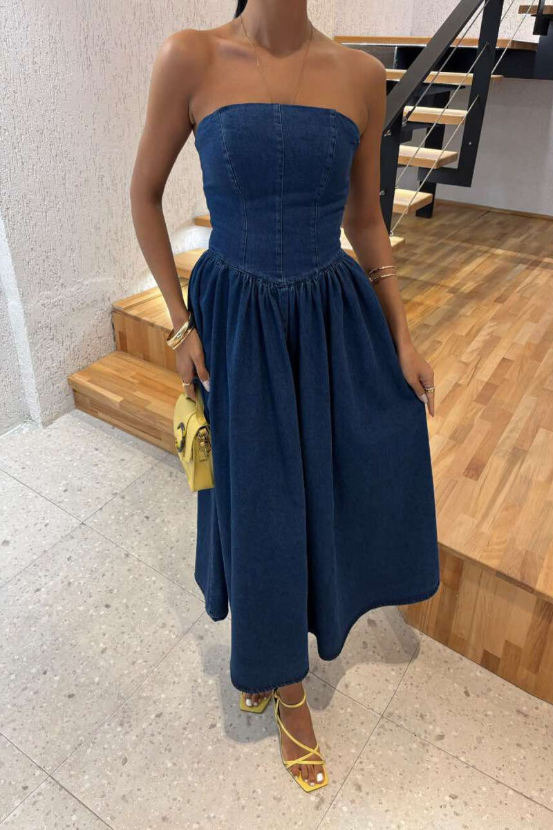 STRAPLESS DESIGN DENIM LONG WOMEN DRESS BLUE/BLU - 3