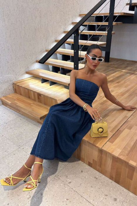 STRAPLESS DESIGN DENIM LONG WOMEN DRESS BLUE/BLU - 4