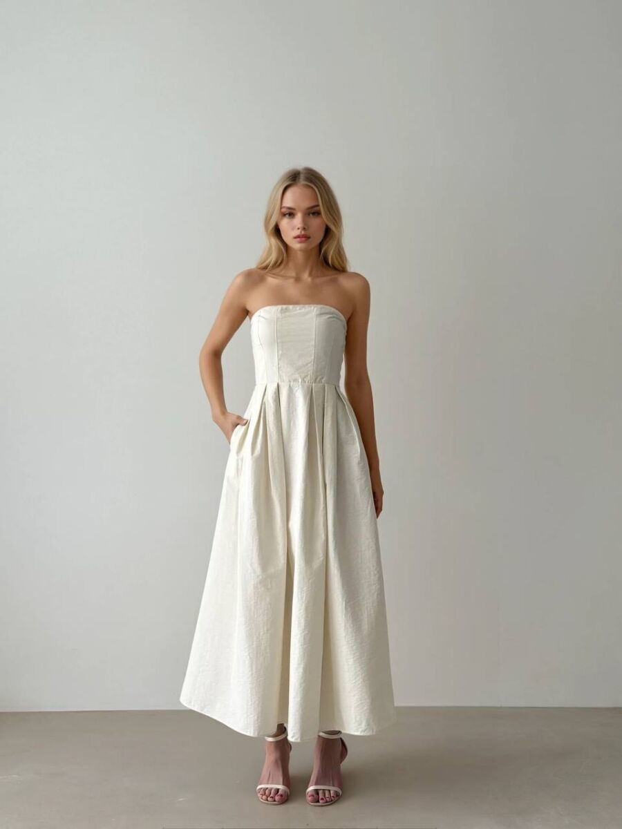 STRAPLESS ONE COLOR LONG WOMEN DRESS CREAM/KREM - 6