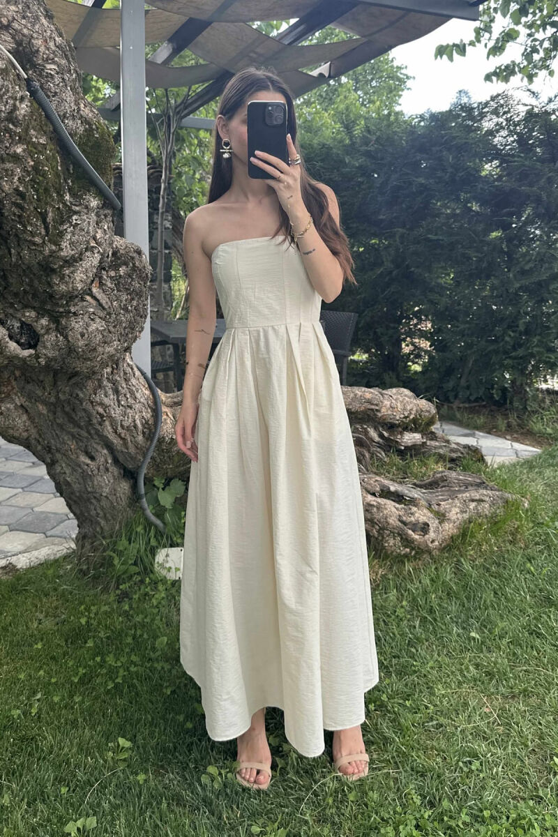 STRAPLESS ONE COLOR LONG WOMEN DRESS CREAM/KREM - 3