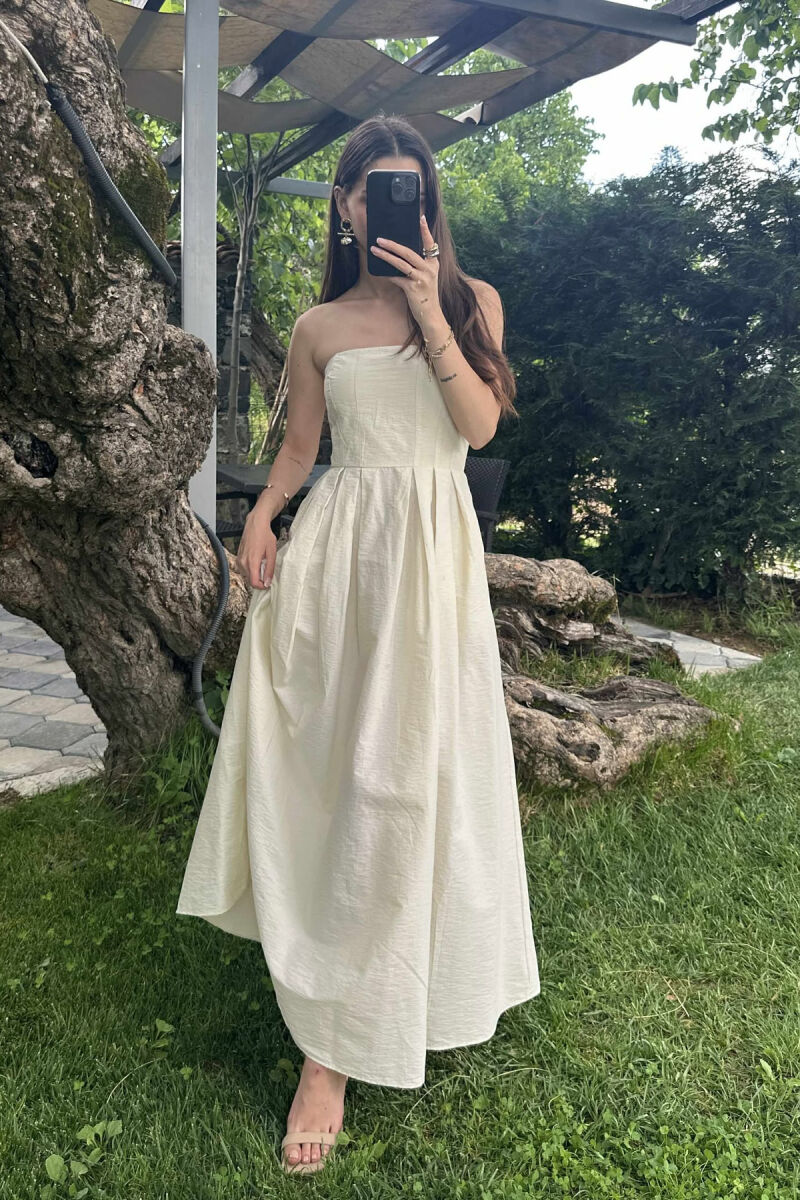 STRAPLESS ONE COLOR LONG WOMEN DRESS CREAM/KREM - 1