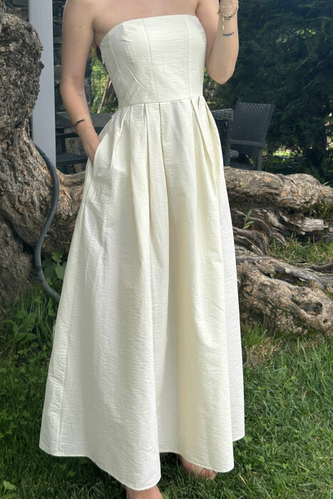 STRAPLESS ONE COLOR LONG WOMEN DRESS CREAM/KREM - 4