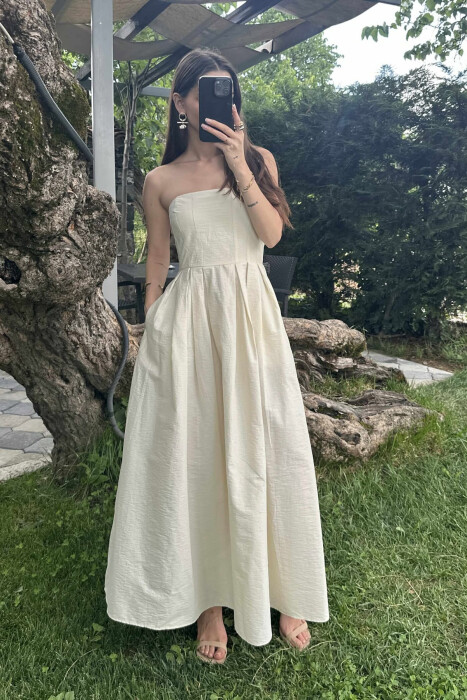 STRAPLESS ONE COLOR LONG WOMEN DRESS CREAM/KREM - 2