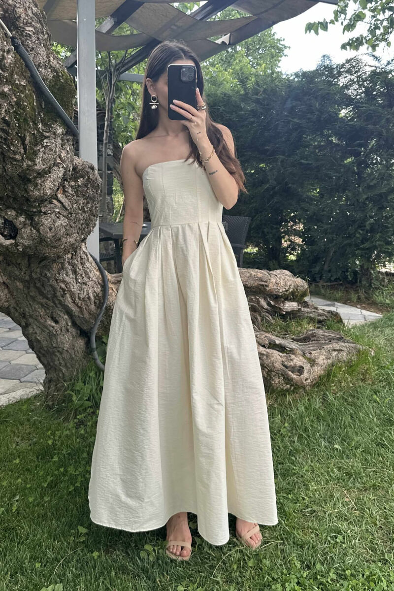 STRAPLESS ONE COLOR LONG WOMEN DRESS CREAM/KREM - 2