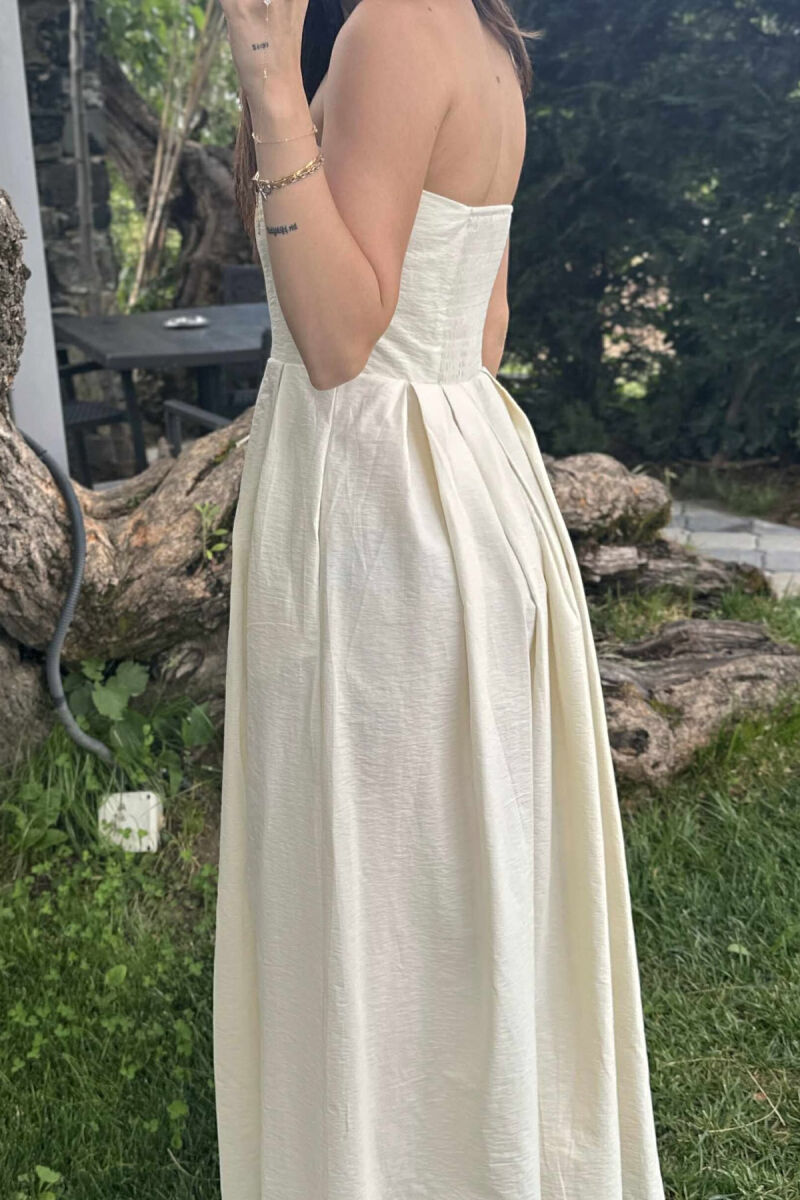 STRAPLESS ONE COLOR LONG WOMEN DRESS CREAM/KREM - 5