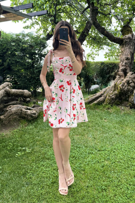 STRAPS DESIGNED SHORT WOMEN DRESS PINK-RED/RO-KU - KLAUDIO FASHION