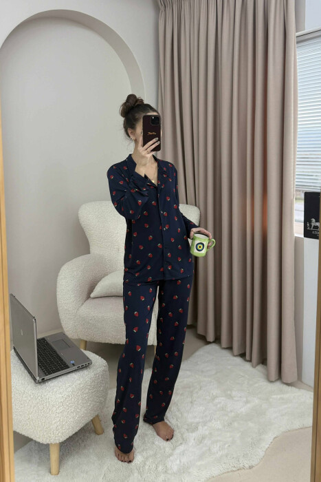 STRAWBERRY DESIGN SHIRT+TROUSERS WOMEN PYJAMAS DARK BLUE/BEE 